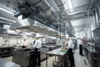 Système de ventilation dans une cuisine professionnelle avec hotte en action