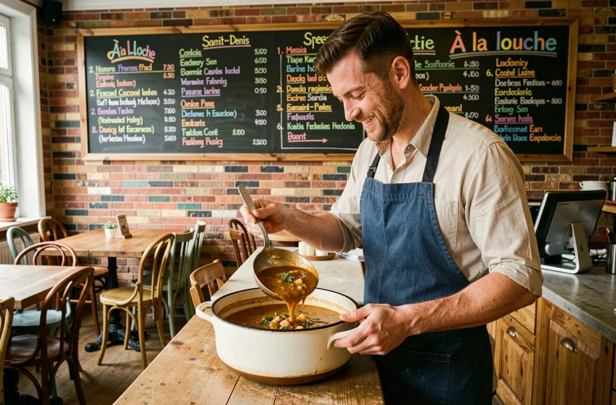 Cuisinier servant une soupe maison à la louche au comptoir du restaurant À la louche à Saint-Denis