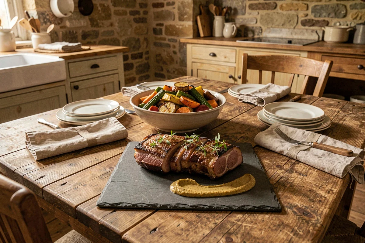 Accompagnement palette de porc diable avec légumes rôtis dans une cuisine rustique française, servi sur une ardoise avec moutarde et herbes fraîches