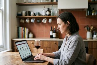 Femme achetant du vin en ligne sur son ordinateur portable dans une cuisine moderne avec un verre de vin rouge posé à côté