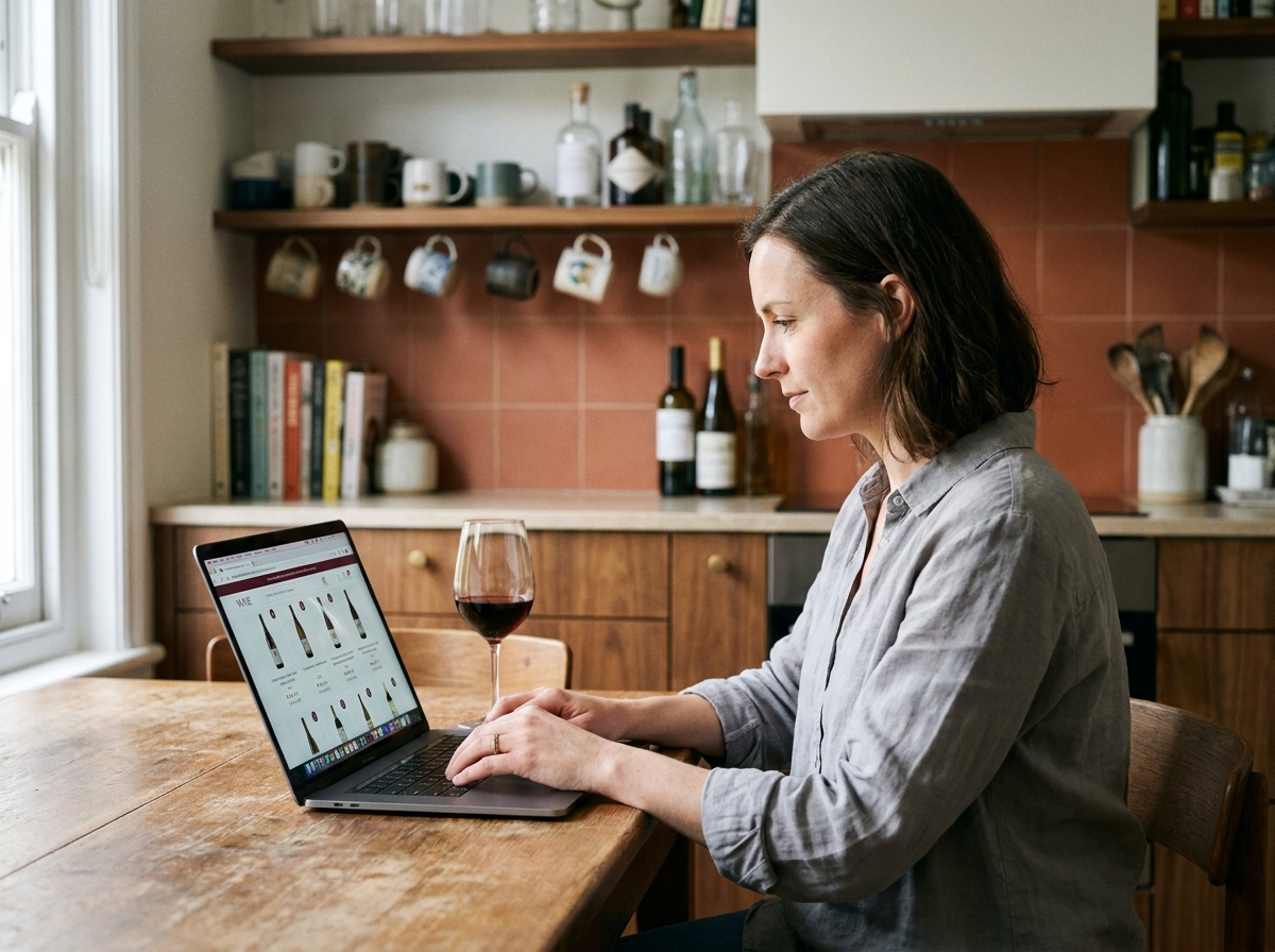 Femme achetant du vin en ligne sur son ordinateur portable dans une cuisine moderne avec un verre de vin rouge posé à côté