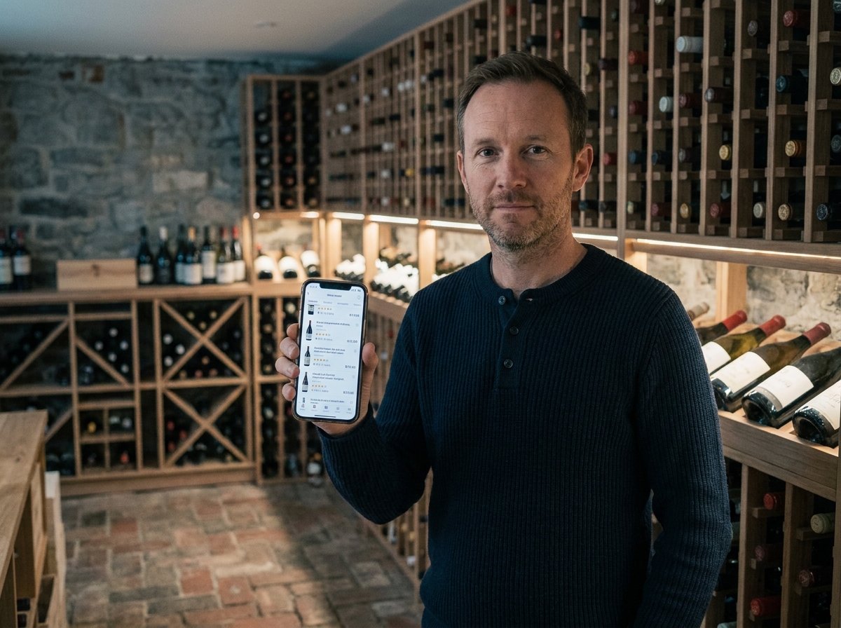 Homme consultant une application d'achat de vin en ligne sur smartphone dans une cave à vins avec des étagères remplies de bouteilles