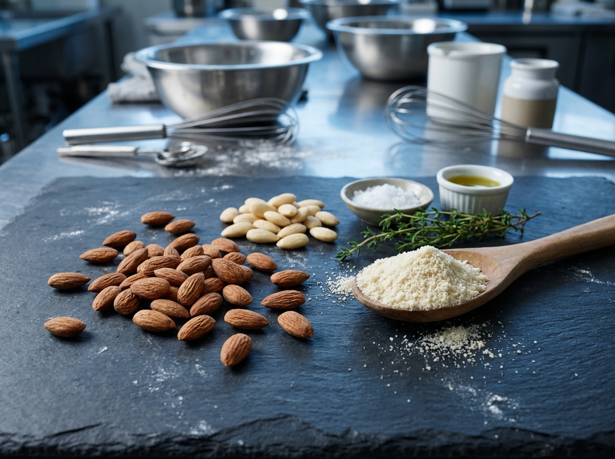 Amandes crues, farine d'amande et ingrédients frais disposés sur ardoise dans une cuisine de restaurant