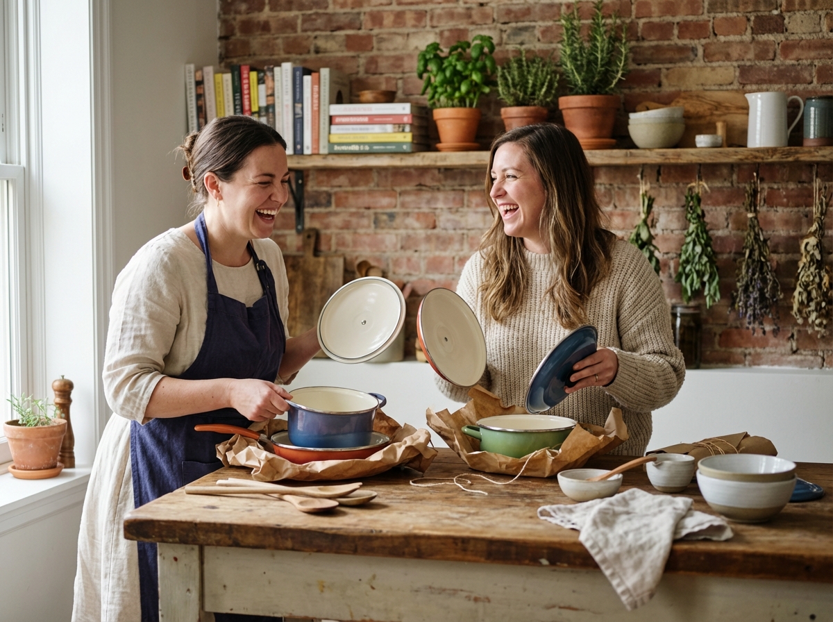 Deux femmes rient avec un ensemble de cuisine en bois