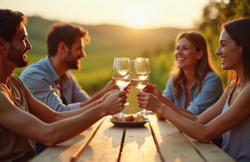 Amis trinquant avec du vin en extérieur en après-midi