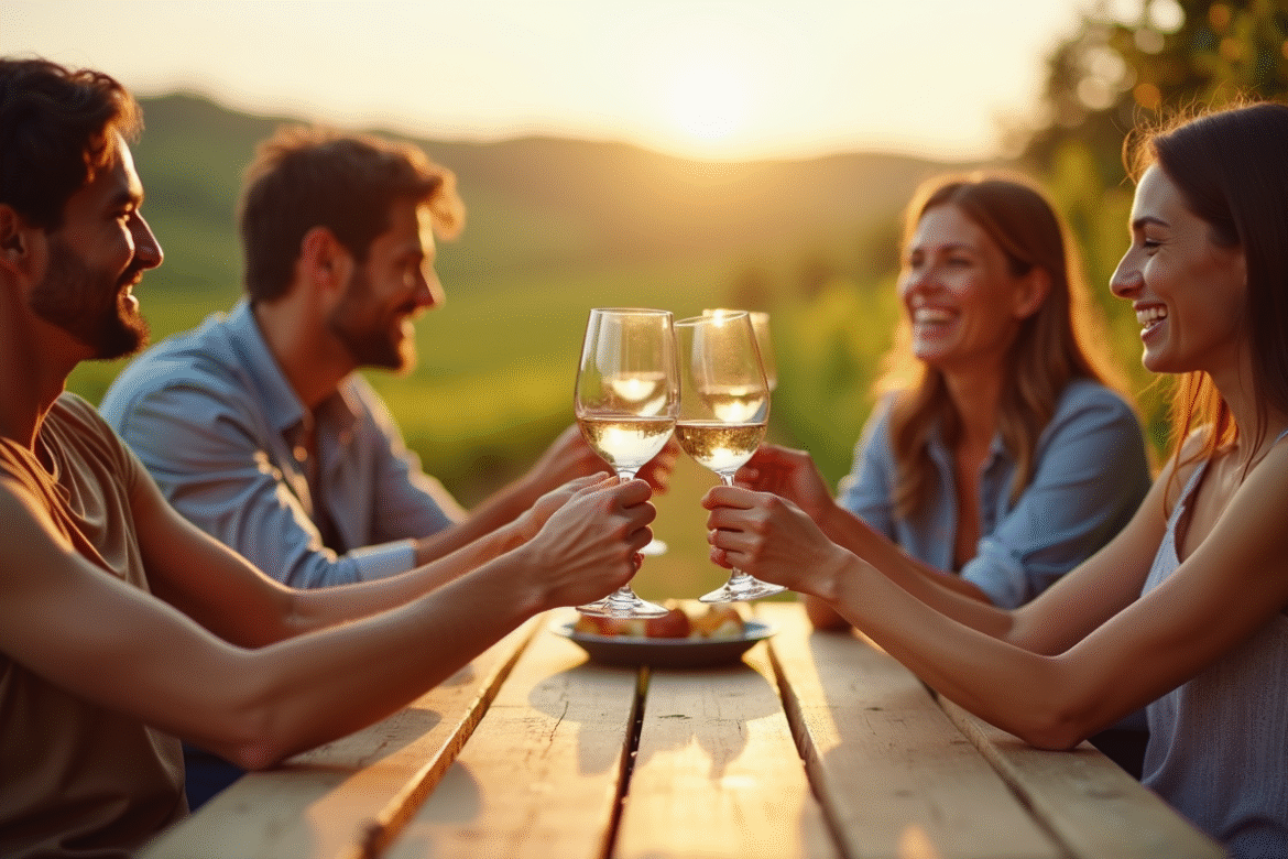 Amis trinquant avec du vin en extérieur en après-midi