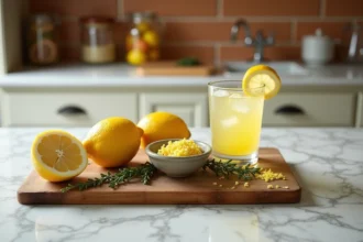 Planche rustique avec citrons frais, zestes et verre d'apéritif au citron sur marbre blanc en cuisine