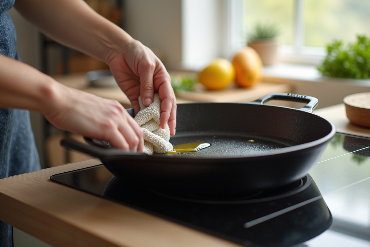 Main appliquant de l huile sur une cocotte en fonte propre