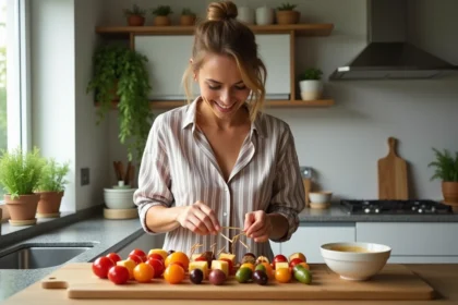 Femme souriante assemble brochettes colorées en cuisine lumineuse