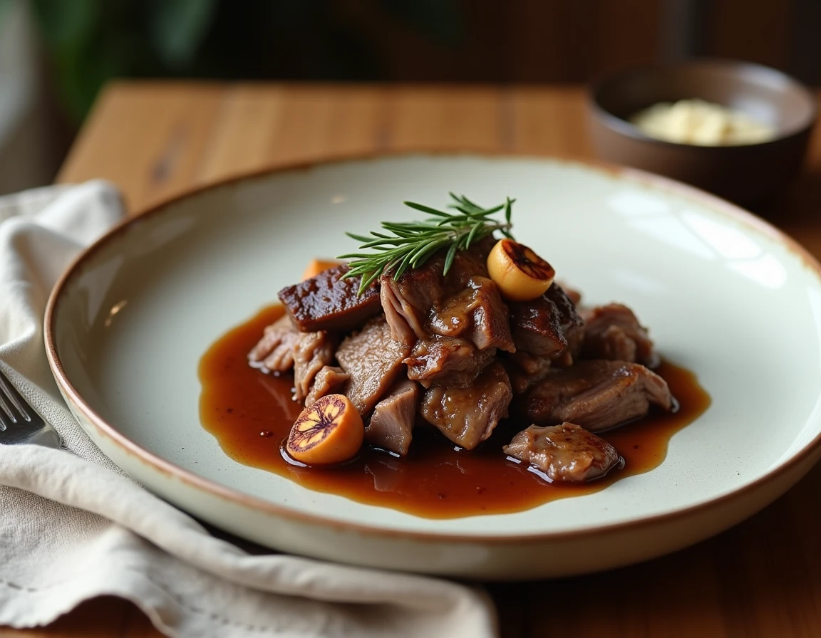 Assiette de service avec épaule d'agneau confite effilochée, jus corsé et ail rôti sur nappe en lin