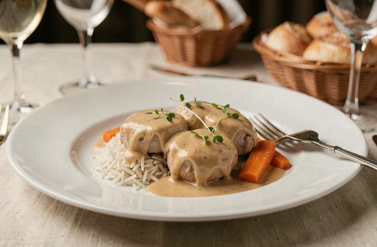 Assiette de blanquette de veau dressée avec riz basmati et carottes glacées sur une table de salle à manger au style brasserie française