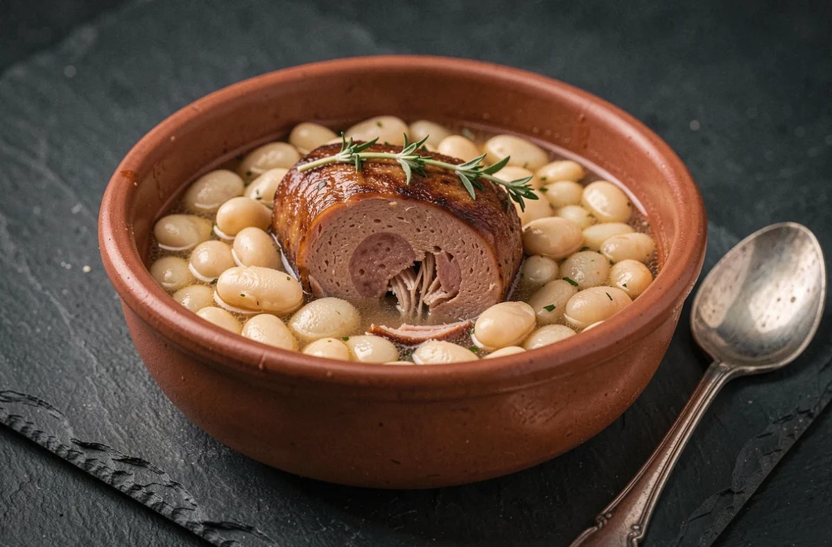 Gros plan d'une assiette de cassoulet toulousain en bol en grès avec saucisse de Toulouse dorée, confit de canard effiloché et haricots Tarbais dans un bouillon riche