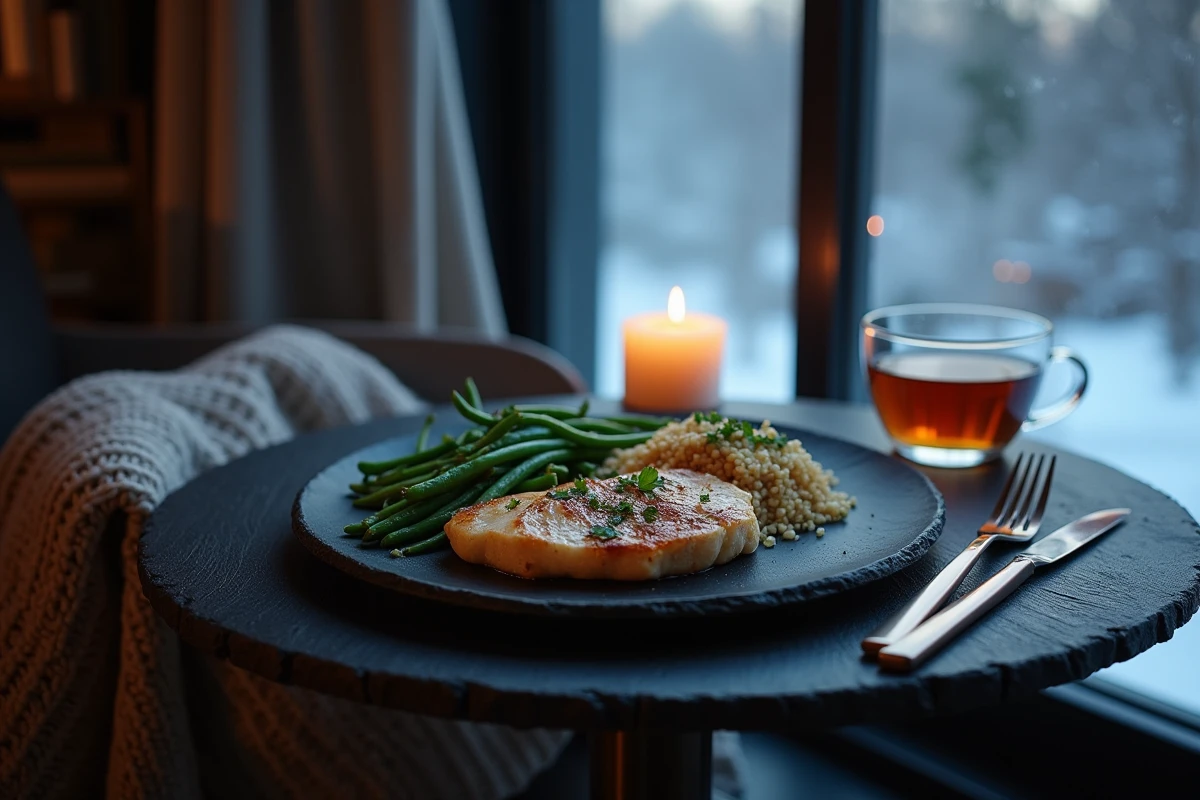Assiette équilibrée de poulet, quinoa et haricots verts pour un dîner sain et réconfortant en hiver