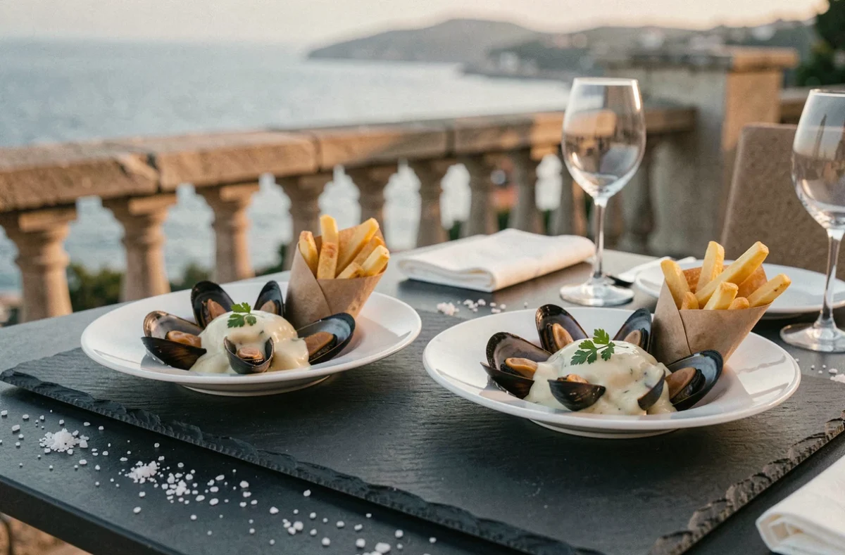 Deux assiettes de moules à la crème portion individuelle sur une terrasse en bord de mer pour un repas festif élégant