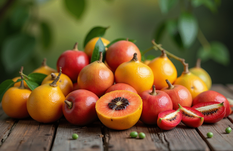 Assortiment de fruits Ziziphus et Zapote frais sur une table en bois