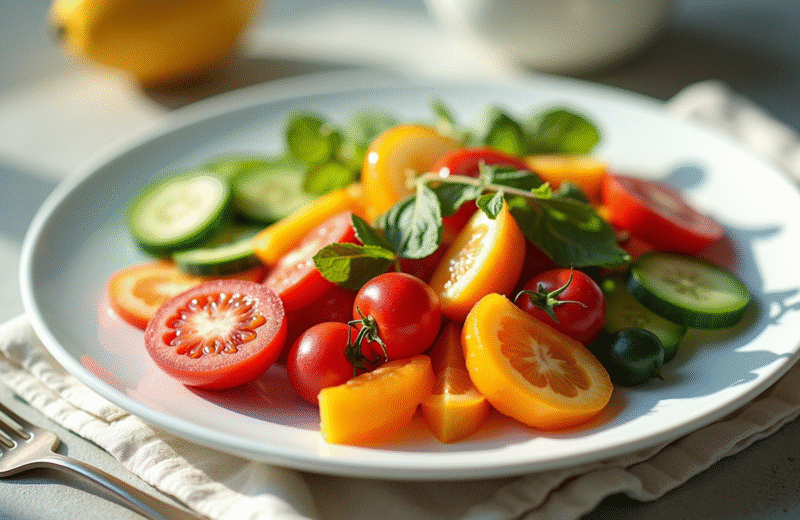 Assortiment coloré de légumes et fruits frais sur une assiette