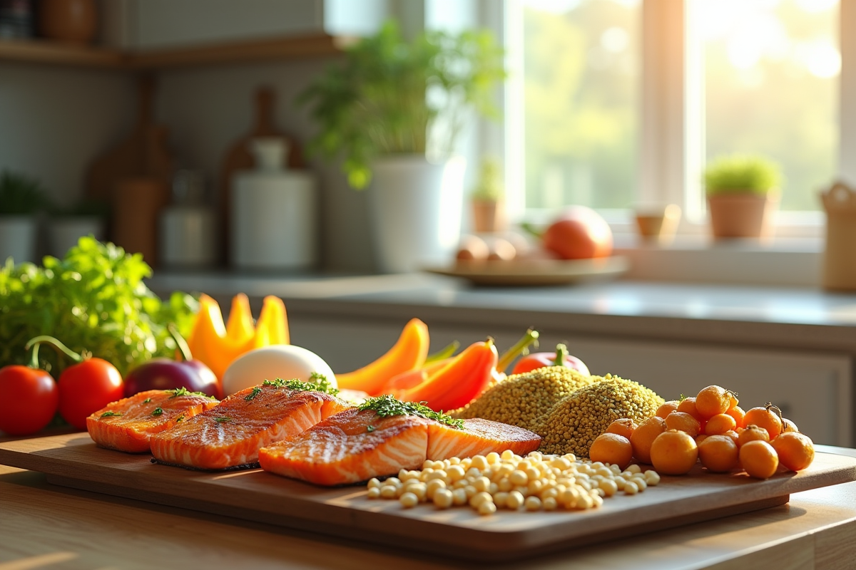 Sélection de protéines saines sur une table moderne avec légumes