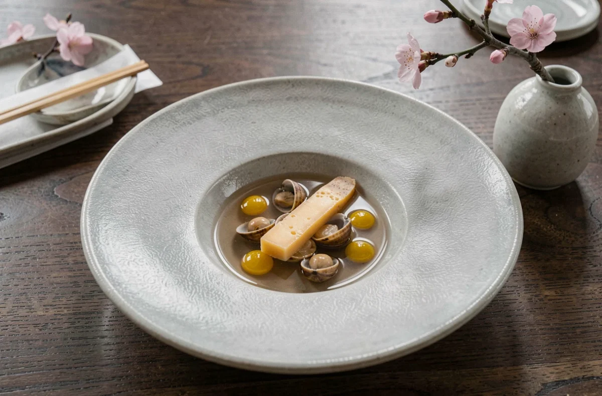 Plat de gastronomie franco-japonaise du restaurant Au 14 Février à Beaune, bouillon dashi d'escargots et yuzu servi sur céramique artisanale japonaise gris pâle