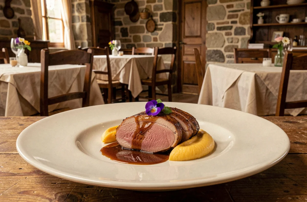 Assiette de canard rôti dressée avec soin à l'Auberge des Glazicks à Plomodiern dans le Finistère