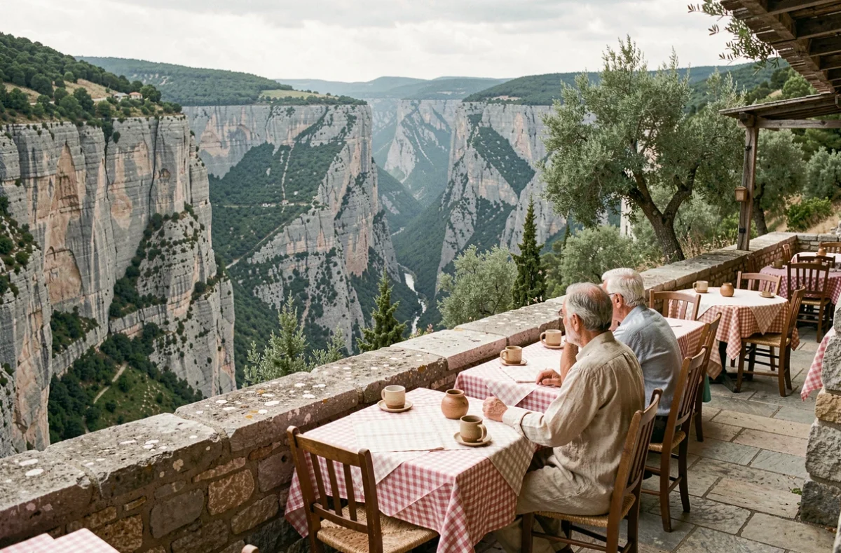 Terrasse de l'Auberge du Point Sublime à Rougon avec vue vertigineuse sur les Gorges du Verdon et décor rustique en pierre