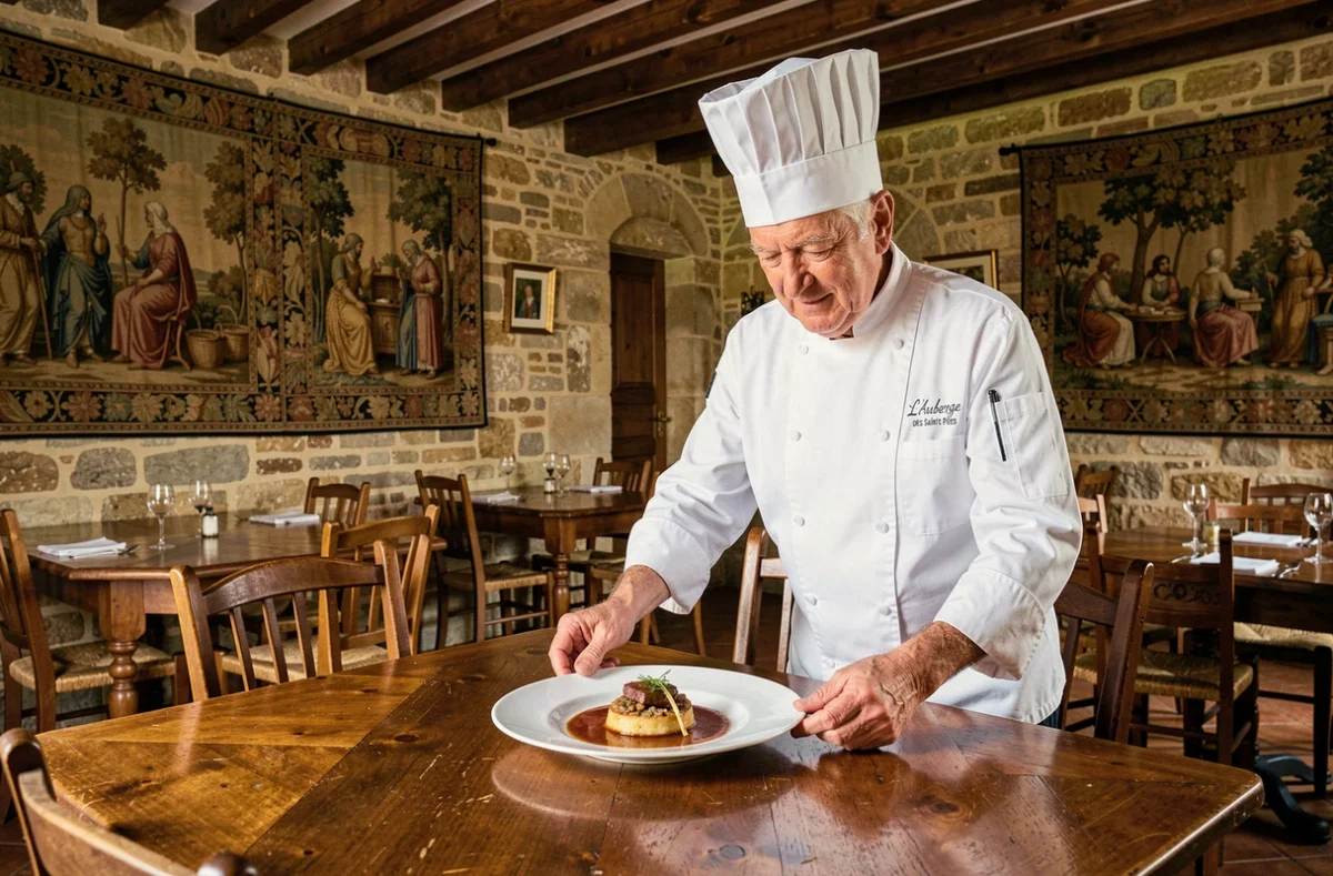 Chef cuisinier présentant un plat traditionnel français dans la salle classique de L'Auberge des Saints Pères à Aulnay-sous-Bois
