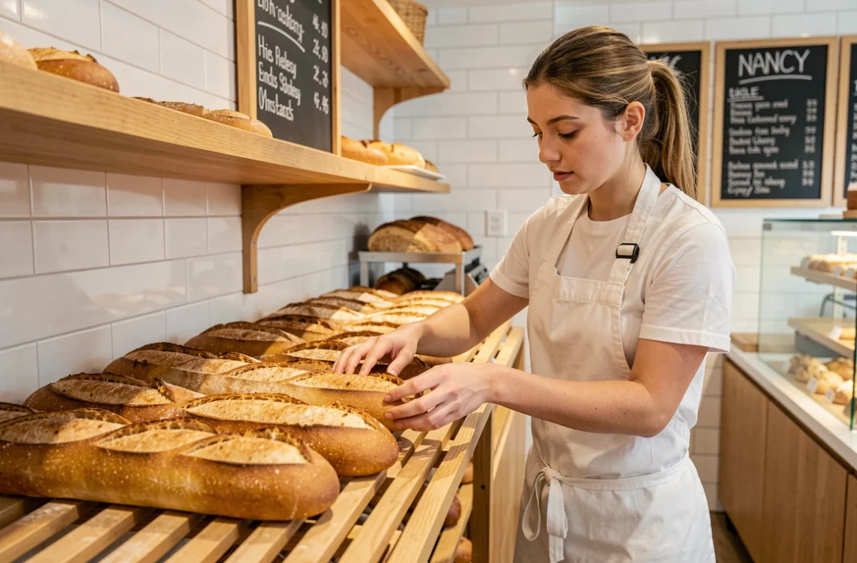 Baguettes à double grigne caractéristiques de la boulangerie Baguette avec deux T à Nancy exposées sur un étal en bois