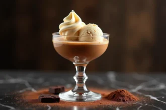 Verre de Baileys Irish cream versé sur une glace vanille dans une coupe en cristal vintage avec éclats de chocolat noir sur marbre sombre