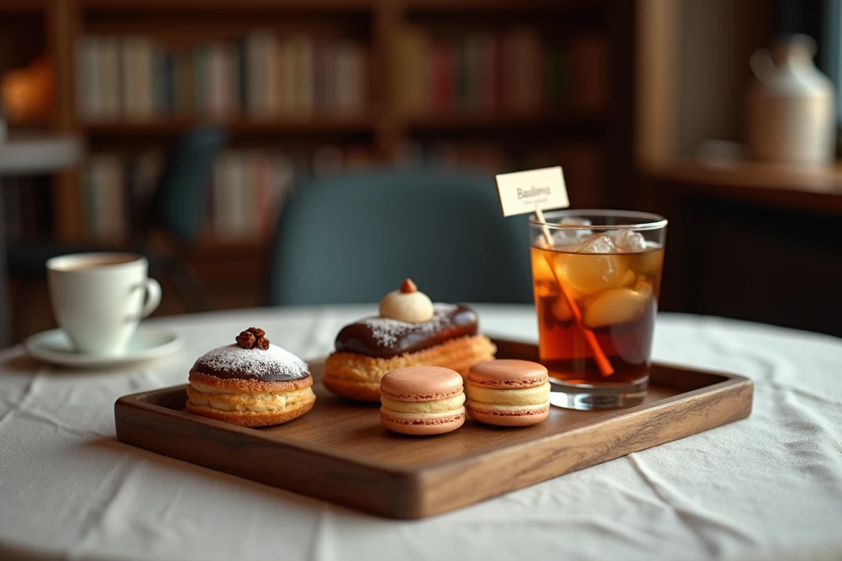 Plateau rustique en bois avec assortiment de pâtisseries françaises, éclair au chocolat, mille-feuille et macarons accompagnés d'un verre de Baileys sur glace