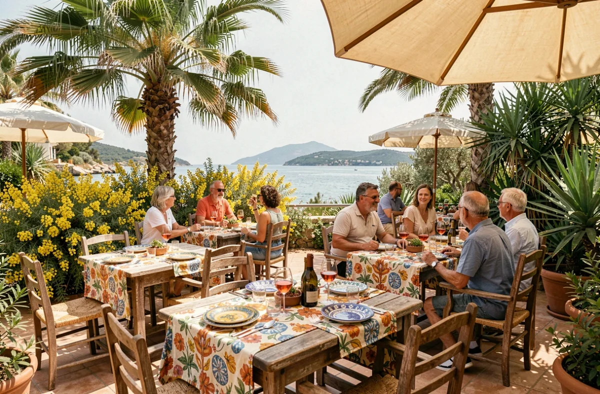 Terrasse du Bar du Soleil à Hyères entourée de palmiers et de mimosas avec vue sur la presqu'île de Giens et les îles d'Or