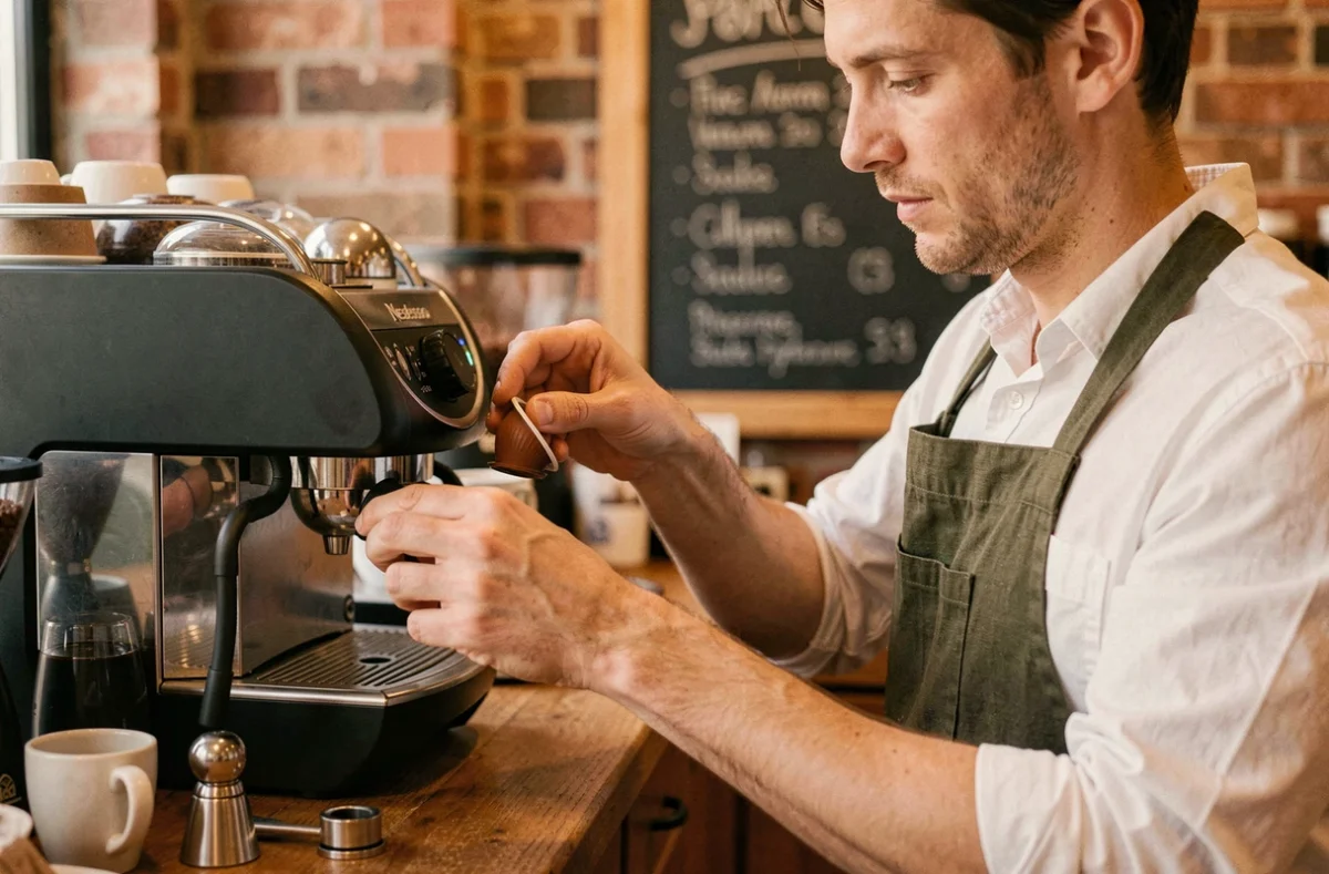 Barista insérant une capsule compatible dans une machine Nespresso dans un café artisanal
