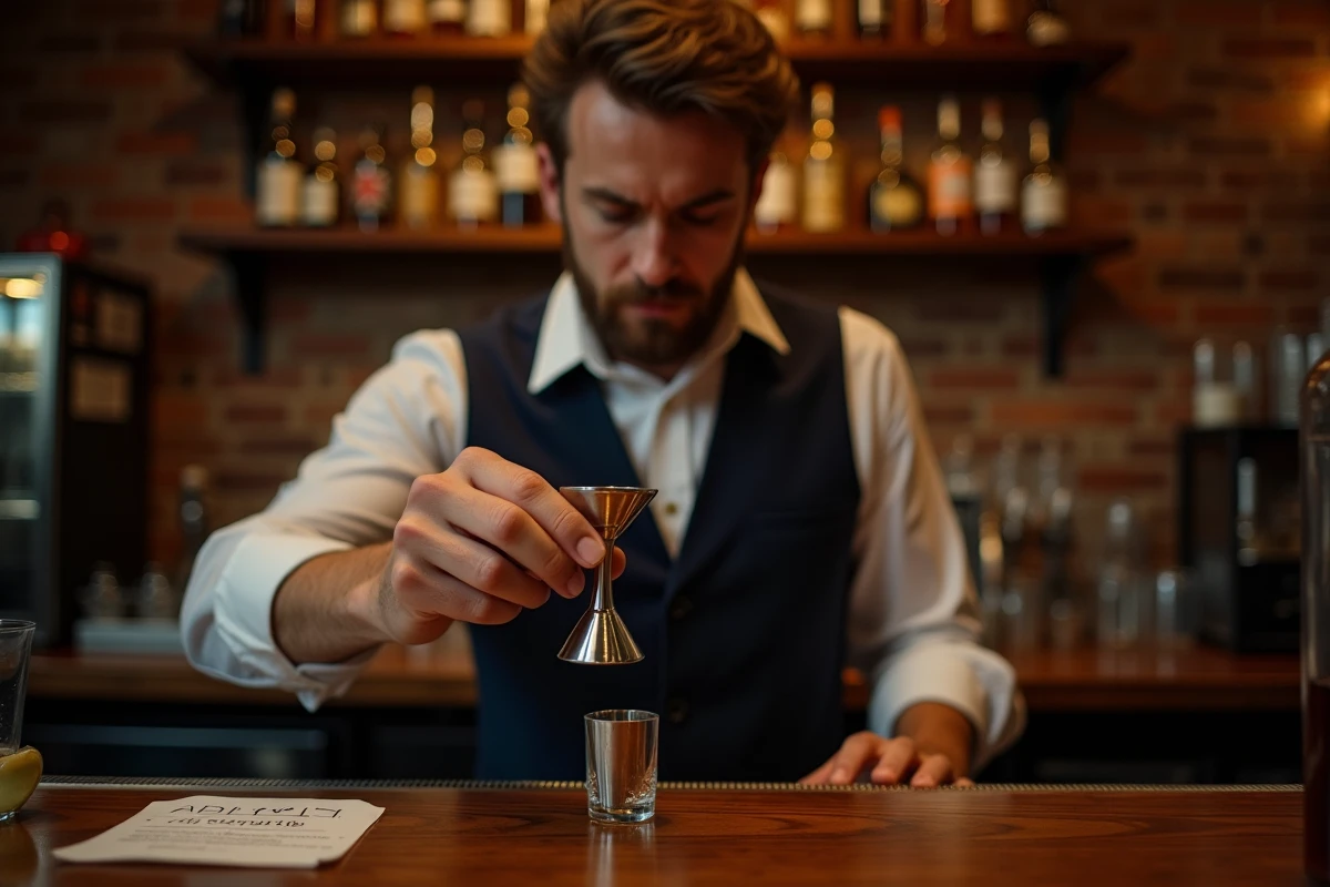 Barman mesurant précisément un volume en ml avec un jigger inox derrière un comptoir en bois, avec fiche de conversion ml cl