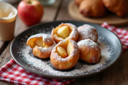 Assiette de beignets aux pommes saupoudrés de sucre glace posée sur une nappe à carreaux rouge et blanc, ambiance fête foraine
