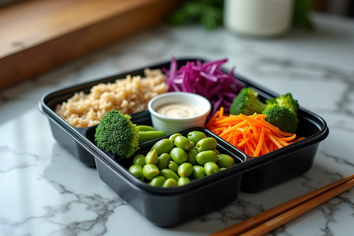 Bento végétarien équilibré avec riz, brocoli et edamame pour un repas du midi sain et pratique