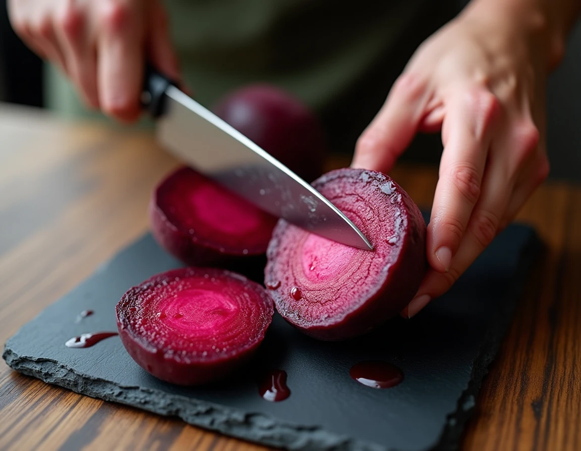 Mains coupant une betterave cuite en cocotte minute dont la peau s'enlève facilement après cuisson