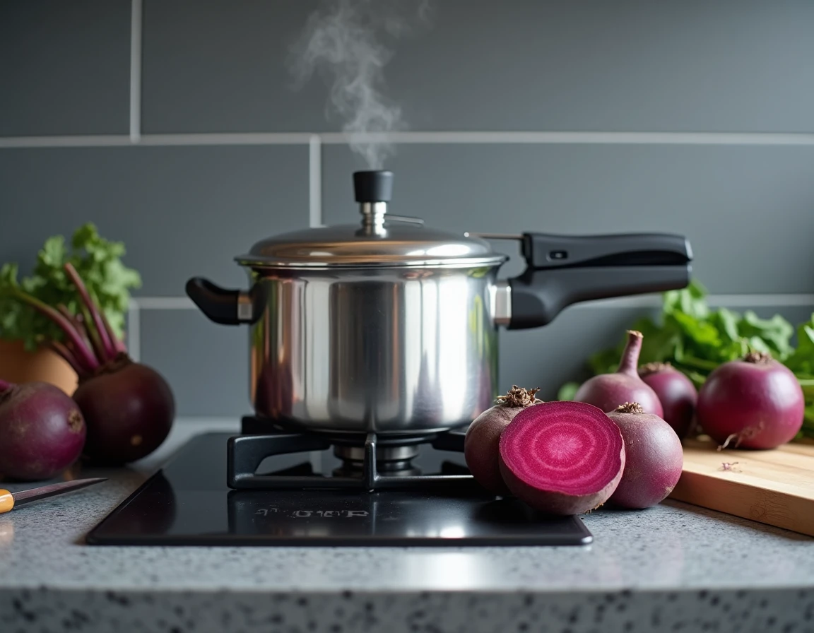 Cocotte minute en inox avec des betteraves entières non épluchées prêtes à cuire sur un plan de travail en granit