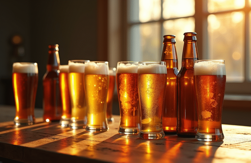 Bouteilles de bières belges sur une table en bois avec lumière naturelle
