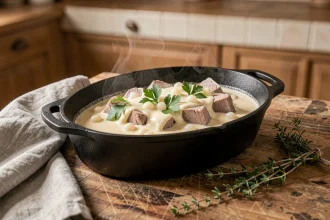 Blanquette de veau maison dans une cocotte en fonte ovale avec sauce crème épaisse, oignons grelots et persil frais sur un plan de travail en bois rustique