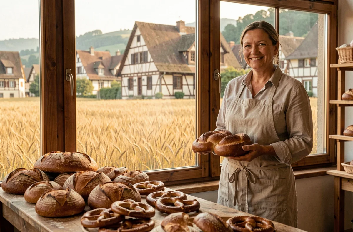 Pains traditionnels alsaciens et bretzels exposés à la boulangerie Blé et Tradition à Ribeauvillé avec vue sur les champs de blé
