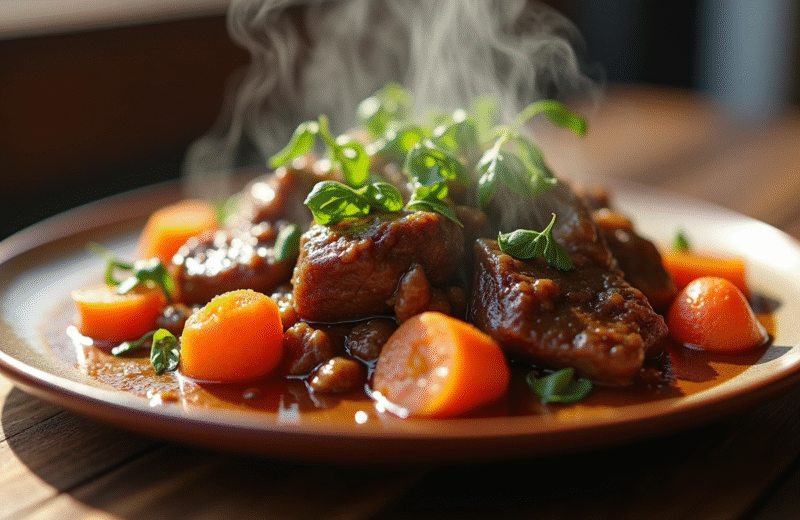 Plat de boeuf bourguignon fumant avec carottes et herbes