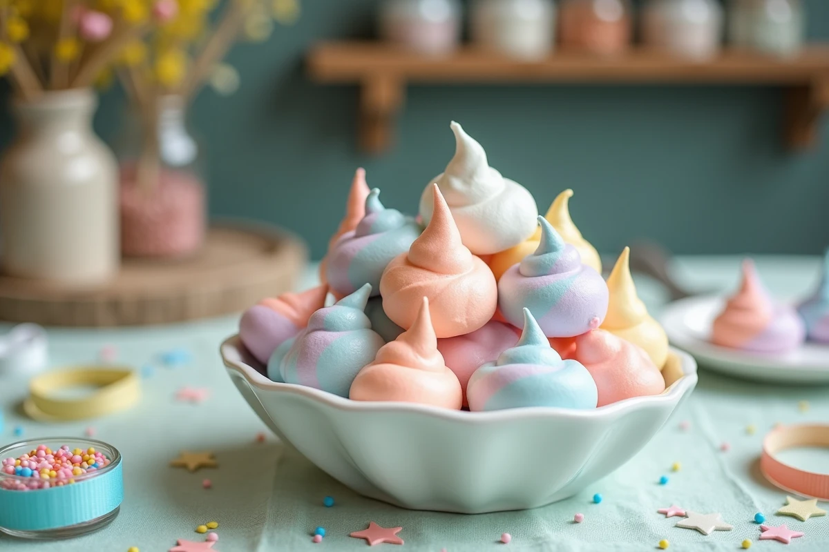 Bol de crottes de licorne en meringue colorées présentées sur une table festive avec décors pastel et confettis