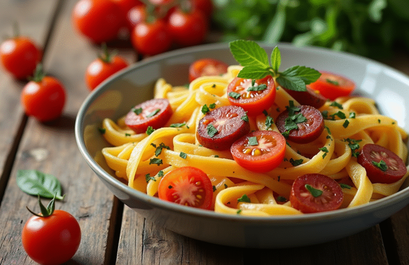 Bol de pasta avec chorizo et herbes fraîches