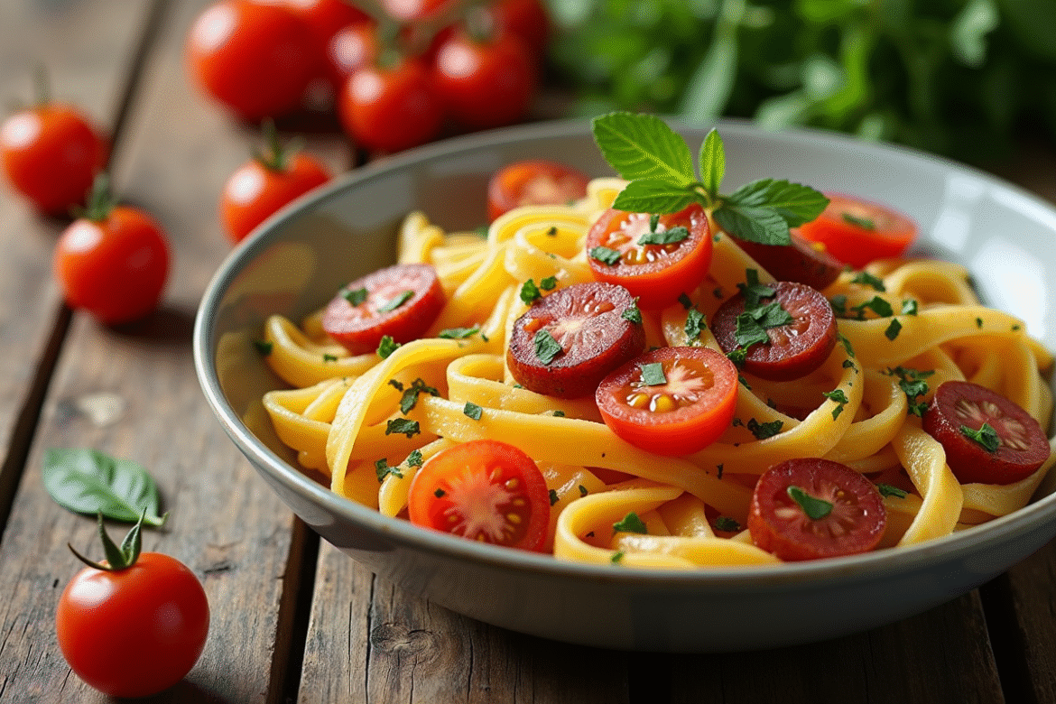 Bol de pasta avec chorizo et herbes fraîches