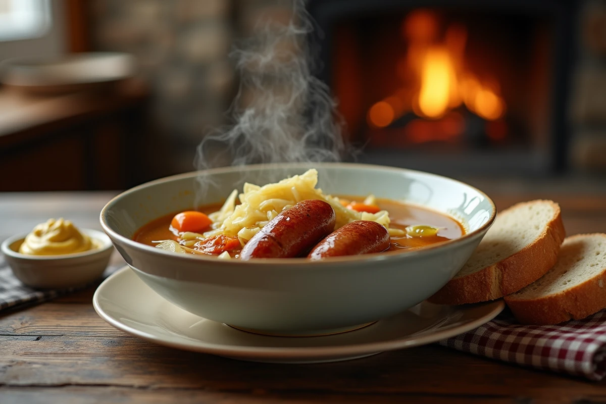 Bol de potée au chou servie avec saucisse fumée, petit salé et légumes dans un bouillon ambré accompagnée de pain de campagne et moutarde