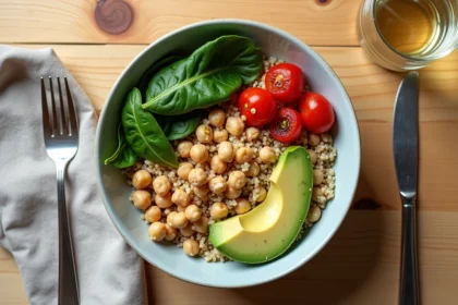 Bol végétarien équilibré avec quinoa, avocat, tomates rôties et pois chiches pour un déjeuner sain