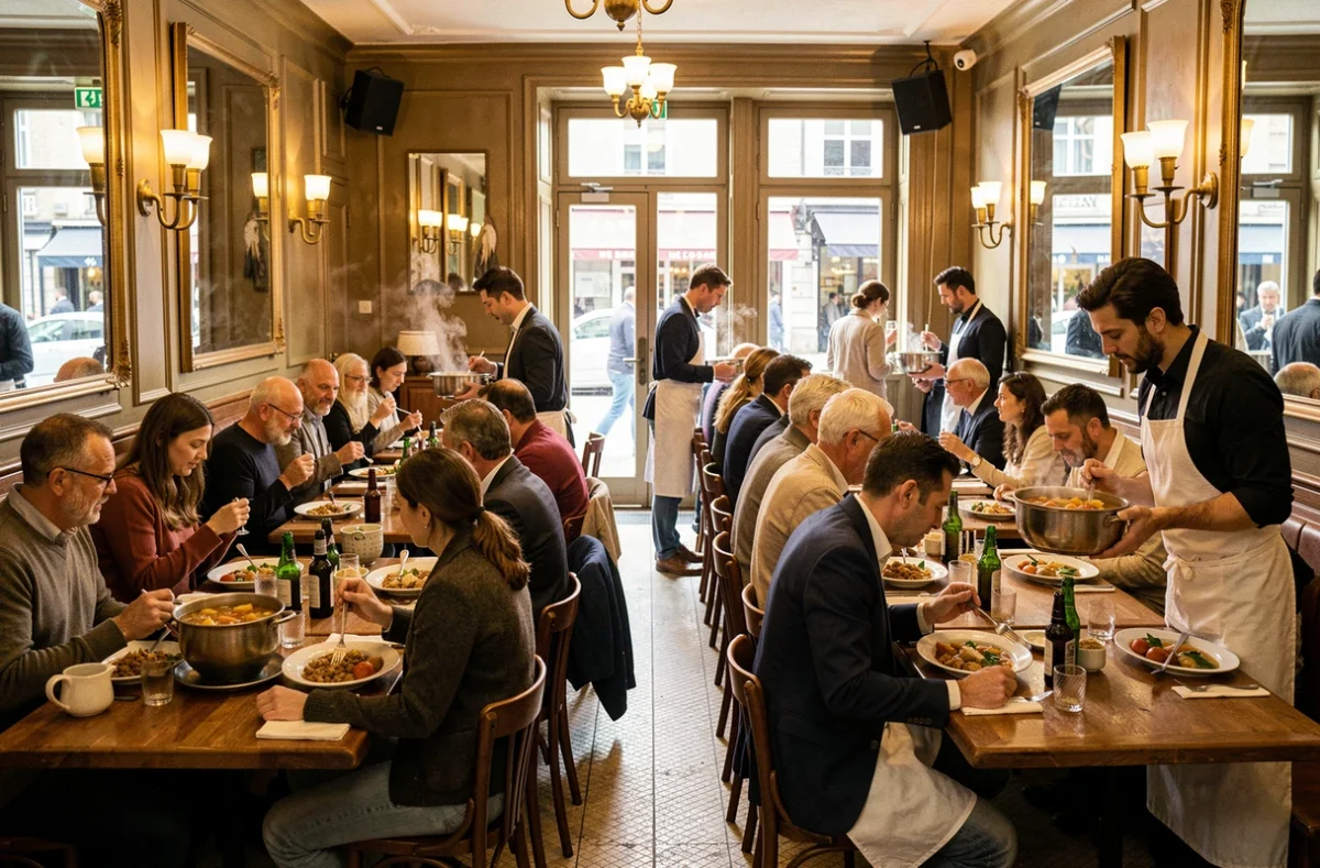 Grande salle conviviale du Bouillon du Coq à Saint-Ouen avec des rangées de tables garnies de convives et des serveurs en tablier blanc