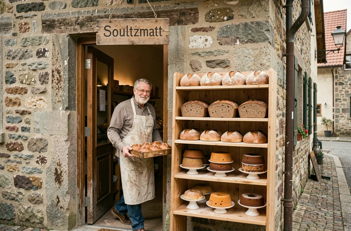 Devanture rustique de la Boulangerie Kitzinger à Soultzmatt avec pains artisanaux alsaciens visibles à travers la porte ouverte
