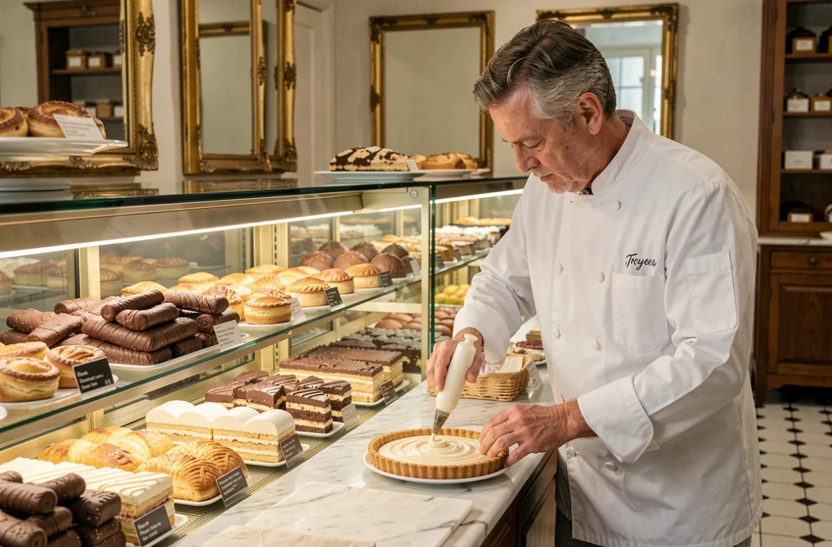 Pâtissier de la Boulangerie Pâtisserie Gérard à Troyes décorant une tarte sur un plan de travail en marbre dans un intérieur classique