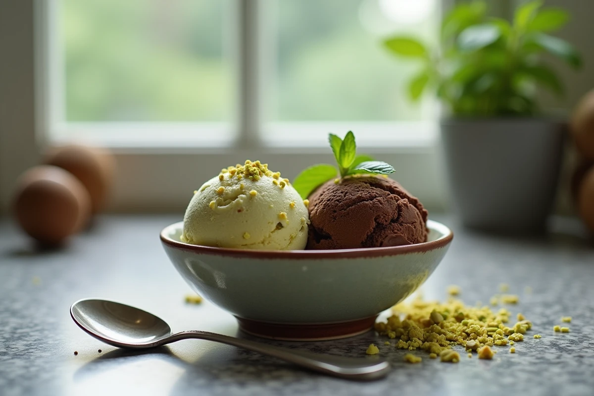 Deux boules de glace maison pistache et chocolat servies dans un bol en céramique sur un comptoir en pierre avec une cuillère vintage