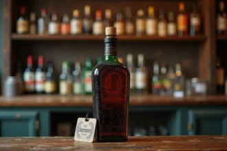 Bouteille de Jägermeister posée sur un comptoir de bar en bois avec une étiquette de prix