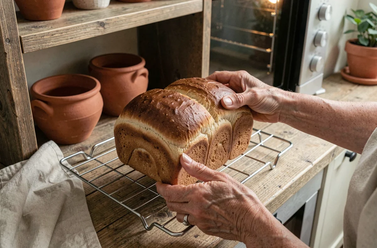 Mains tenant une brioche dorée sortant d'un four compact combiné chaleur statique et tournante dans une cuisine rustique